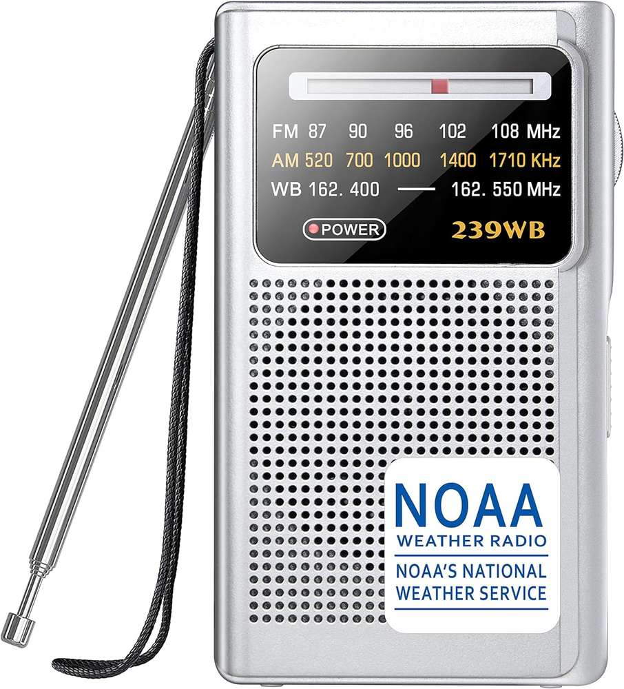 NOAA Weather Radio AM FM Portable Battery Operated with Earphone Jack for Emergency Alerts Silver