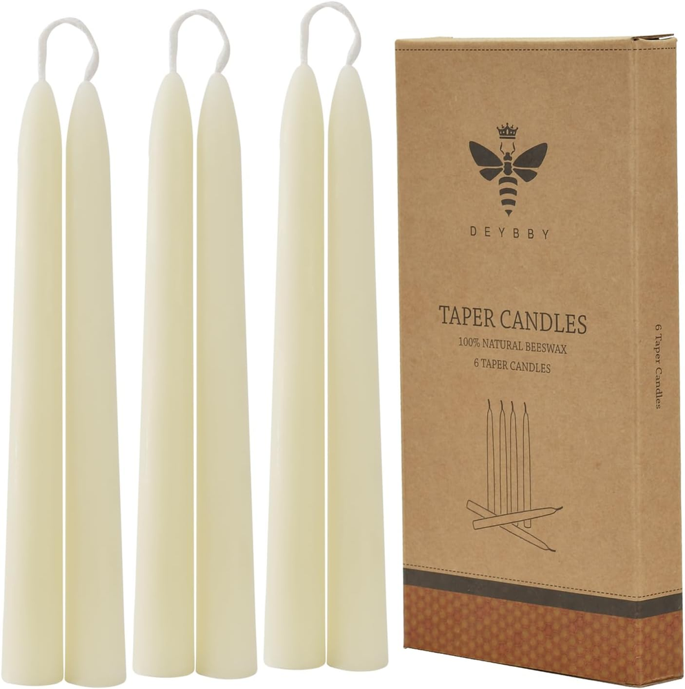 Natural white beeswax candles, 6-pack, 8 inches, smokeless-image