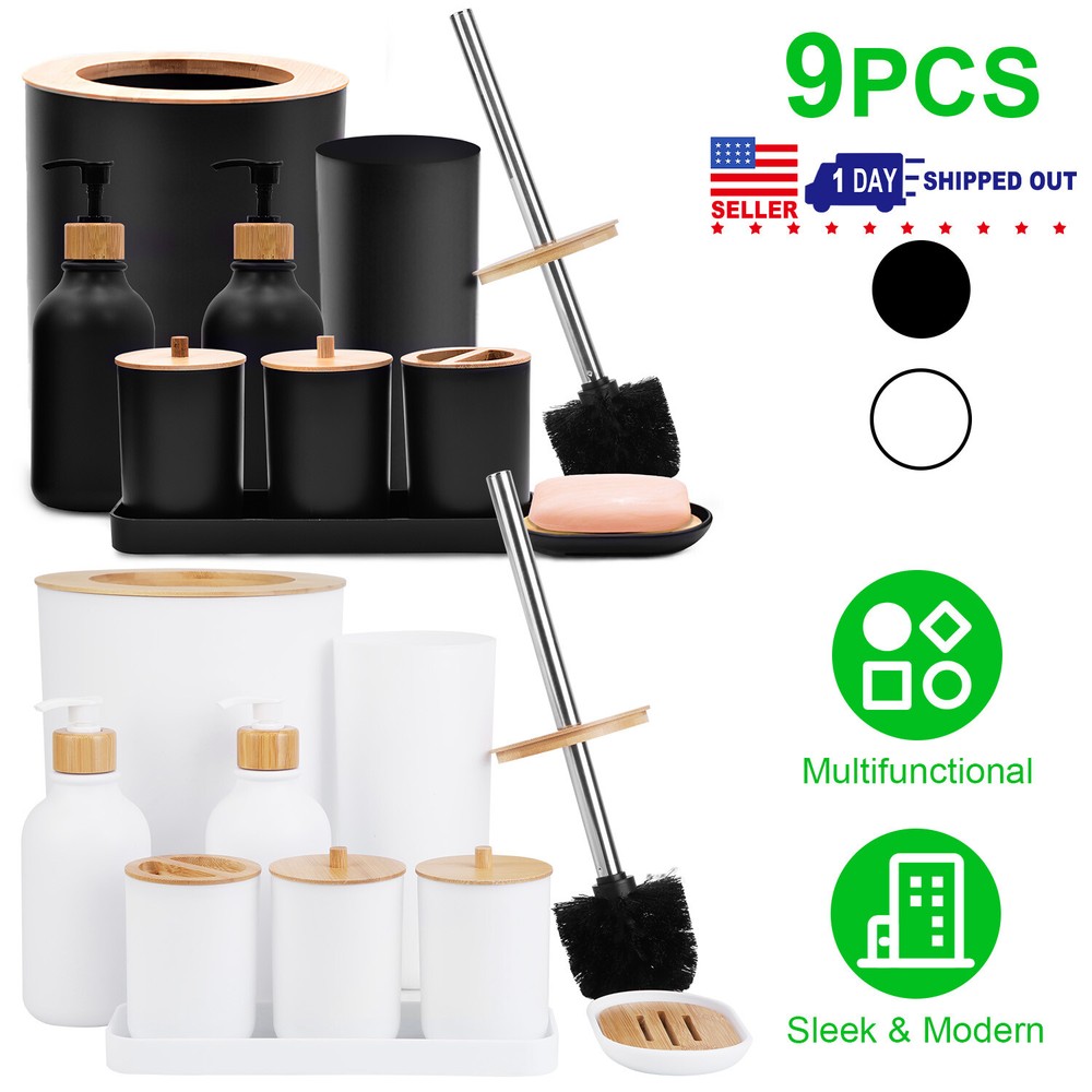 Bathroom Accessories Set 9-Piece Plastic Gift Set w/ Toilet Brush Holder