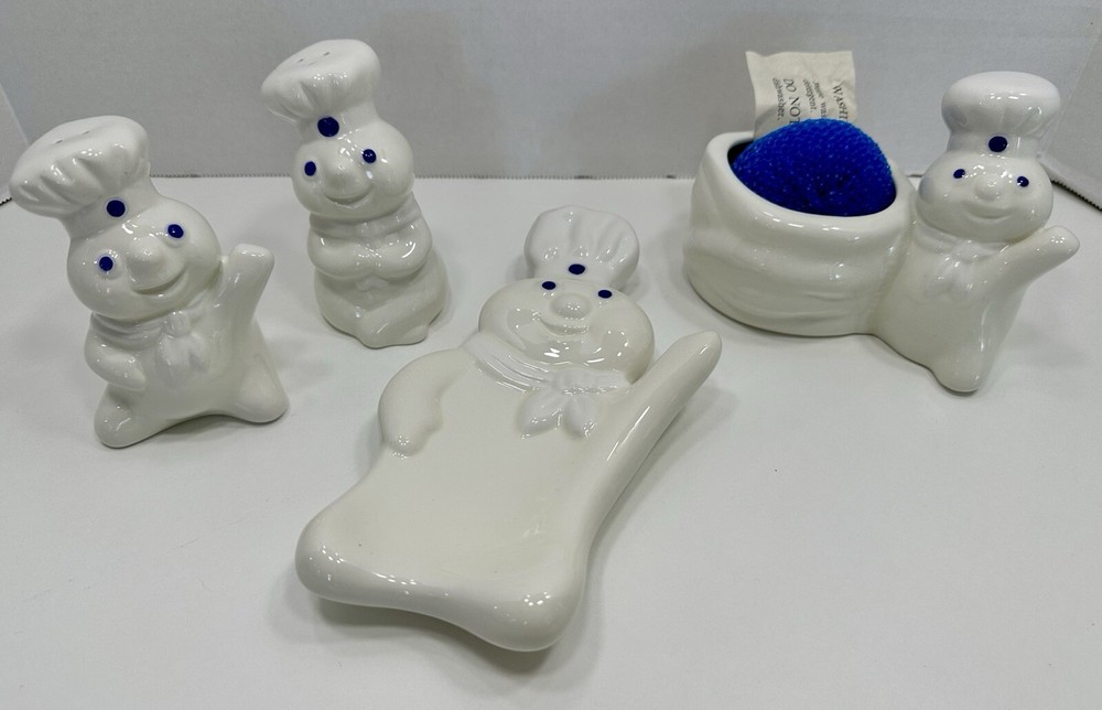 1997 Pillsbury Doughboy 4 Piece Kitchen Set Spoon Rest Salt/Pepper Sponge Holder