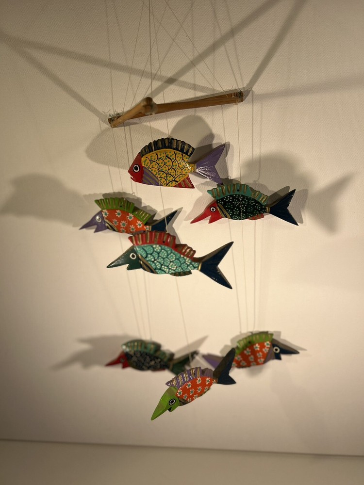 Mexican Folk Art Fish Mobile Hand Painted Wood Colorful Caribbean Beach House