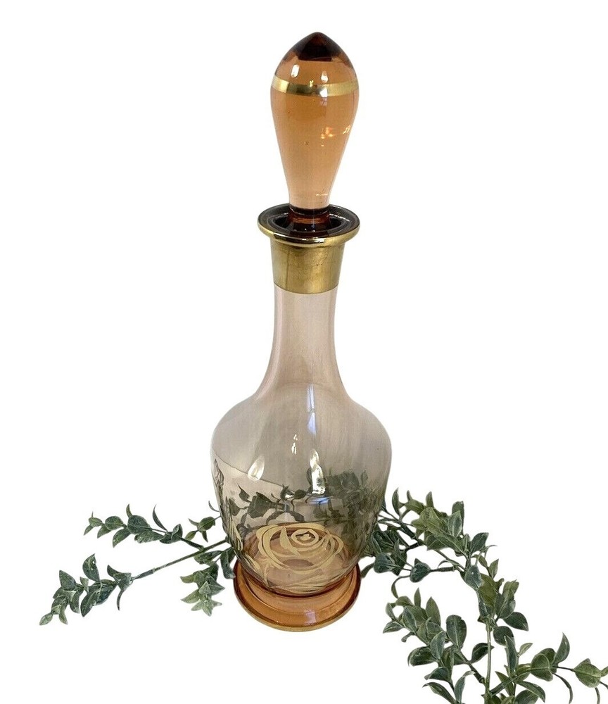 Vintage MCM Peach Glass and Gold Rose Embossed 15 inch Liquor Decanter