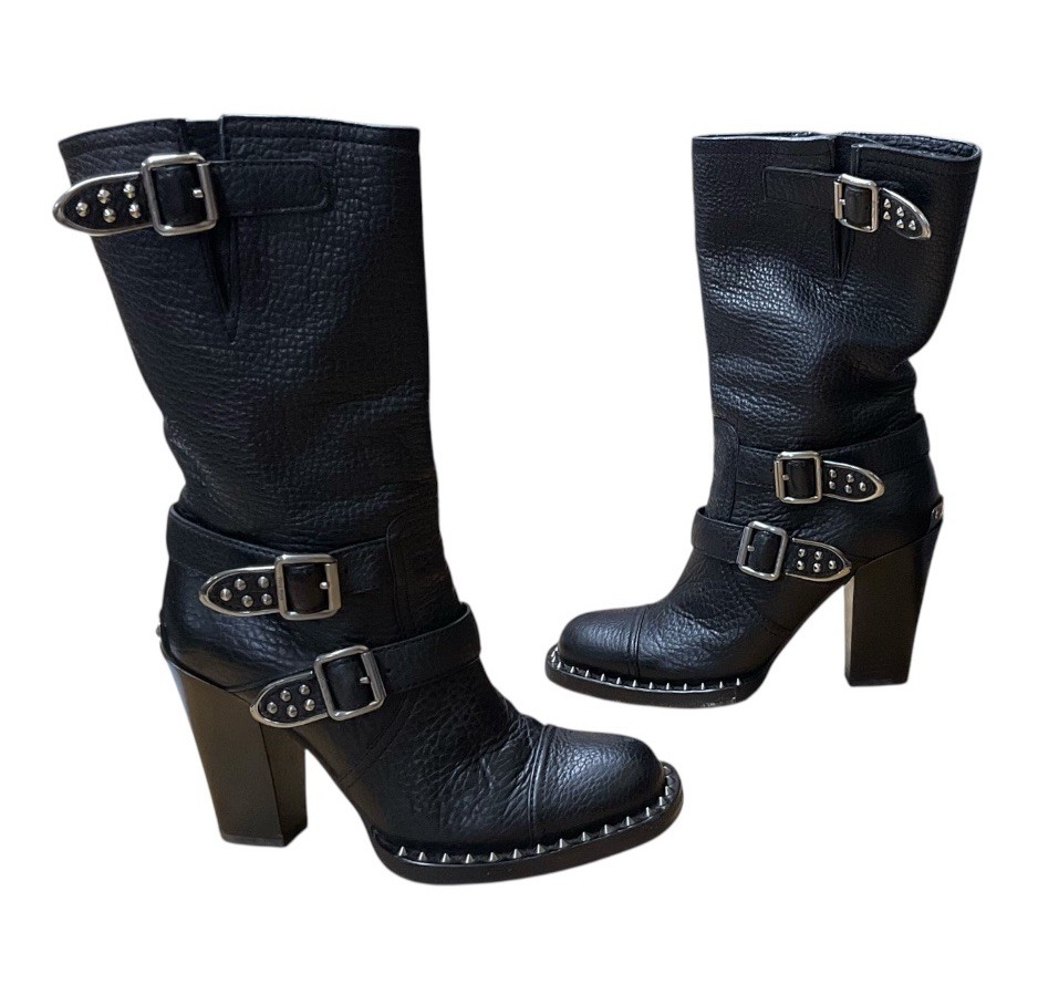 Vintage Miu Miu x Prada Black Leather Biker Boots Studded Buckle EU 36 US 6
