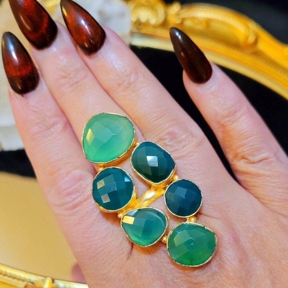 Vintage Massive Huge Rare Unique Runway Green Agate Gold Plated Statement Ring