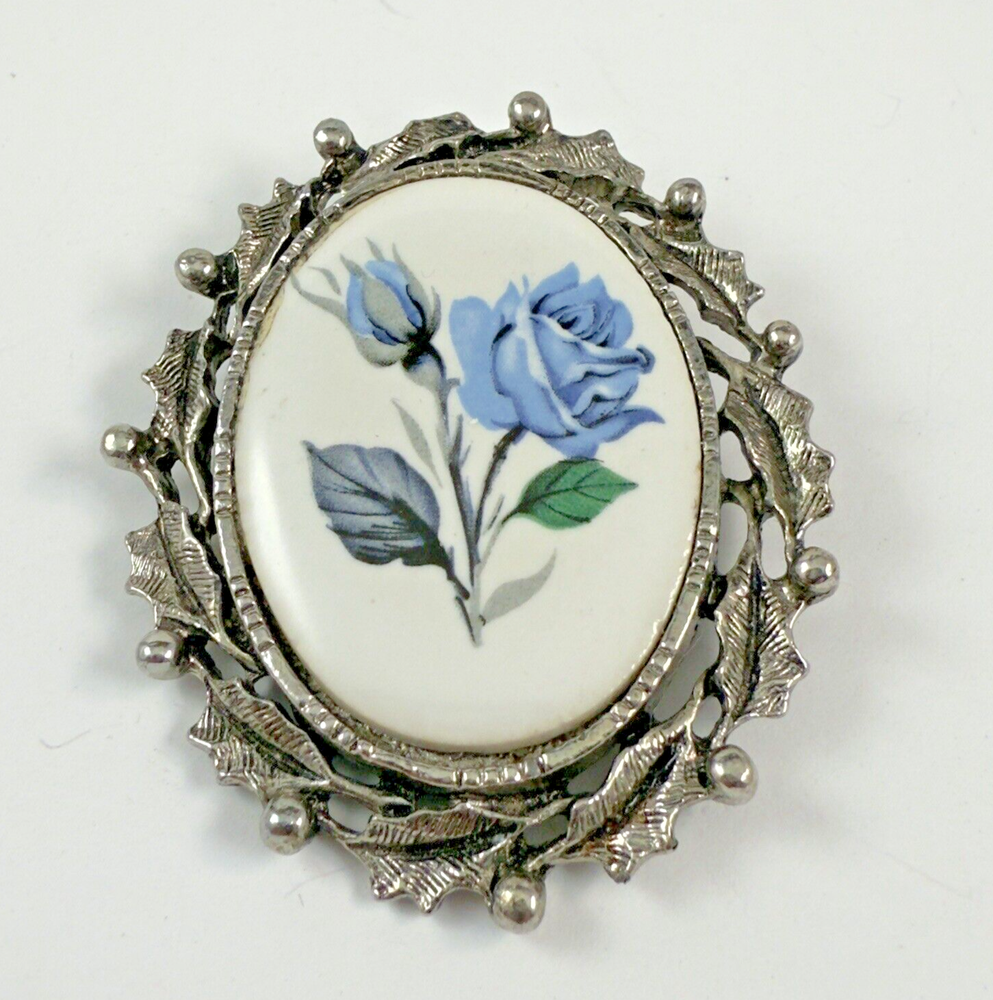 Vintage Oval Blue Rose Silver Tone Flower Brooch Victorian Style