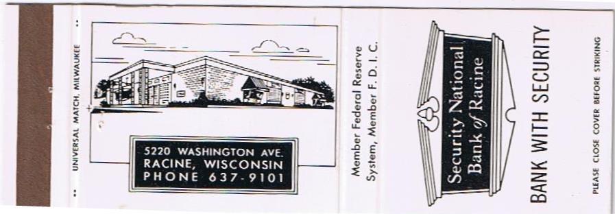 Matchbook Cover Security National Bank Of Racine WI Safe Deposit Box