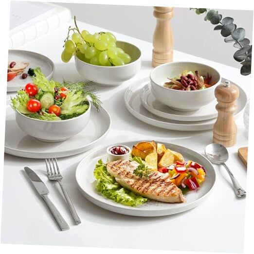 Solid White With Black Dot Melamine Dinnerware Sets, 12 Pcs Plates&Bowls