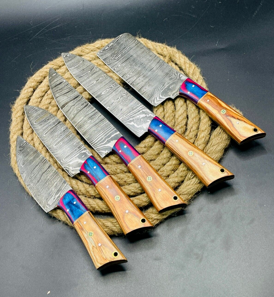 Damascus Hand forged Professional Kitchen 5 Pc Cutlery Chef Knife set With Bag