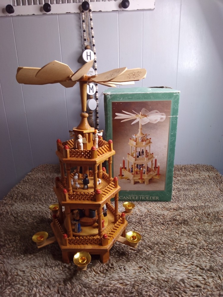 Vintage Christmas Nativity Carousel Candle Holder Wooden 547/170 In Box 18.5