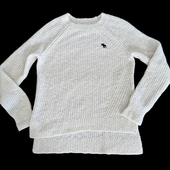 Abercrombie Fitch Sweater Womens Large Knit White Moose Logo Crewneck-image