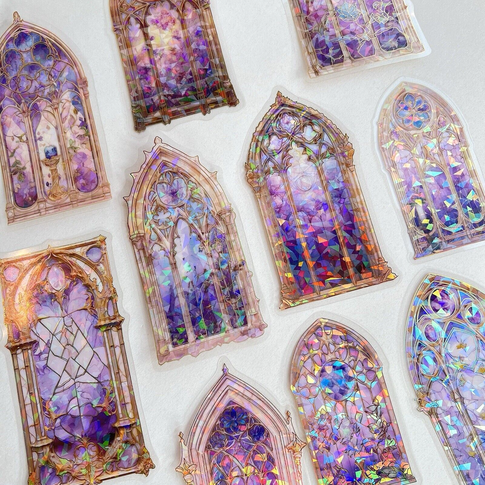 Holographic Stained Glass Gothic Window Stickers Purple Junk Journal Collage
