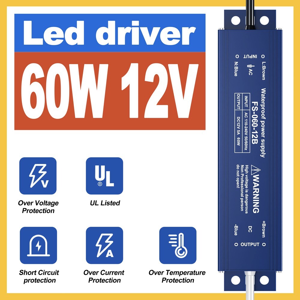 IP67 Waterproof Transformer LED Driver Power Supply 60W AC 110V/220V-DC 12V US