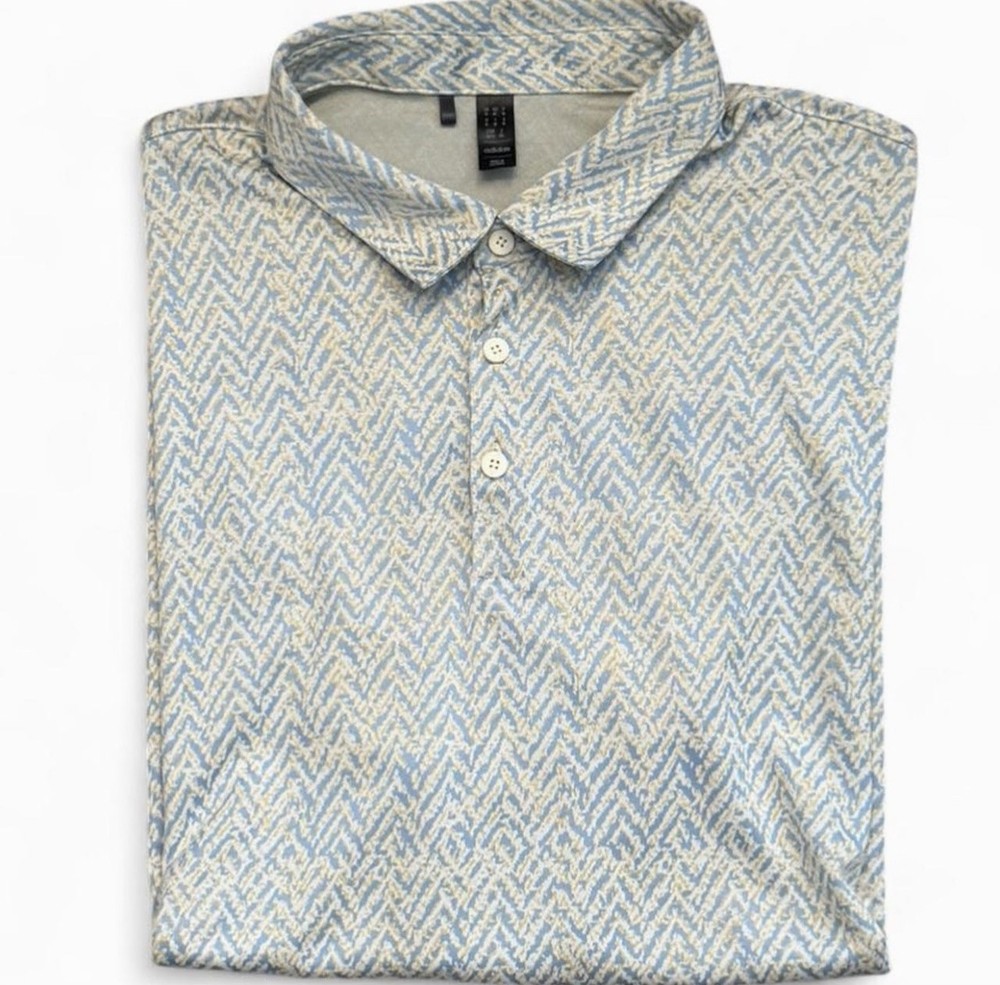 Adidas Golf Polo Shirt XL Blue Beige Pattern Short Sleeve Performance