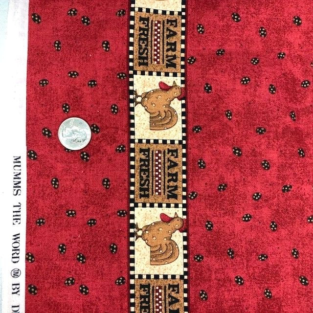 Farm Fresh Debbie Mumm red fabric with small eggs and border strip 100% cotton