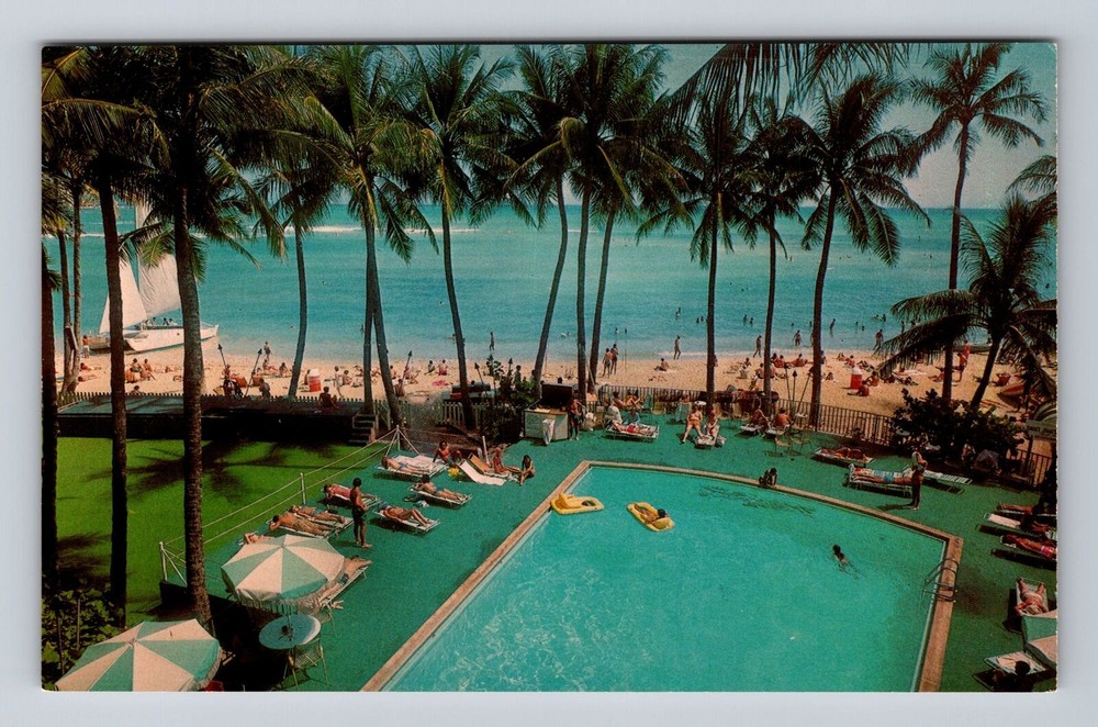 Honolulu HI-Hawaii, Waikiki Beach, Outrigger Hotels, Advertise Vintage Postcard