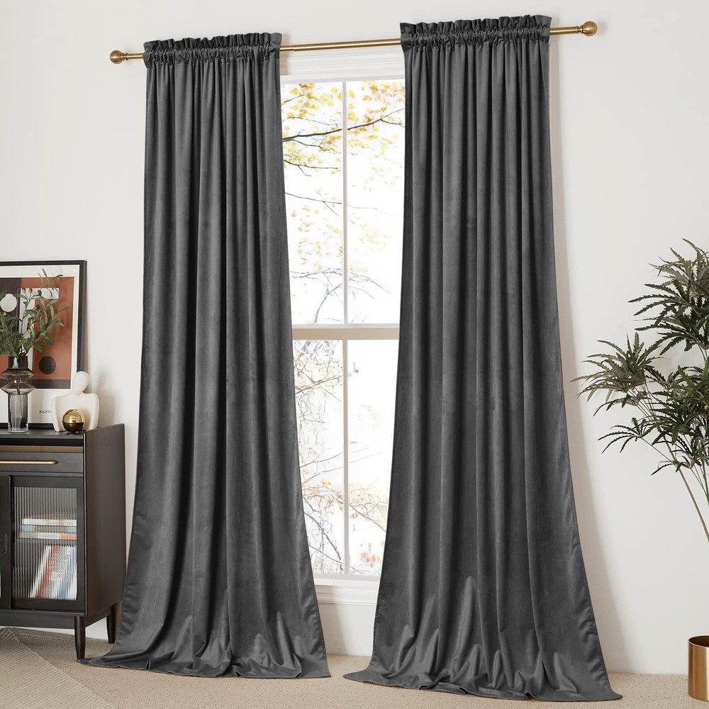 Grey Velvet 84-Inch Sound Reducing Heavy Matt Solid Rod Pocket Curtains