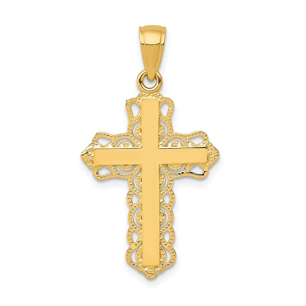 14K Yellow Gold Lace Trim Cross Pendant L- 1.19 Inch, W-0.67 Inch, 1.07 gram