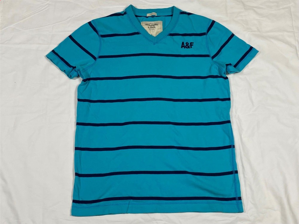ABERCROMBIE FITCH LARGE Striped V-Neck Muscle T-Shirt MENS L-image