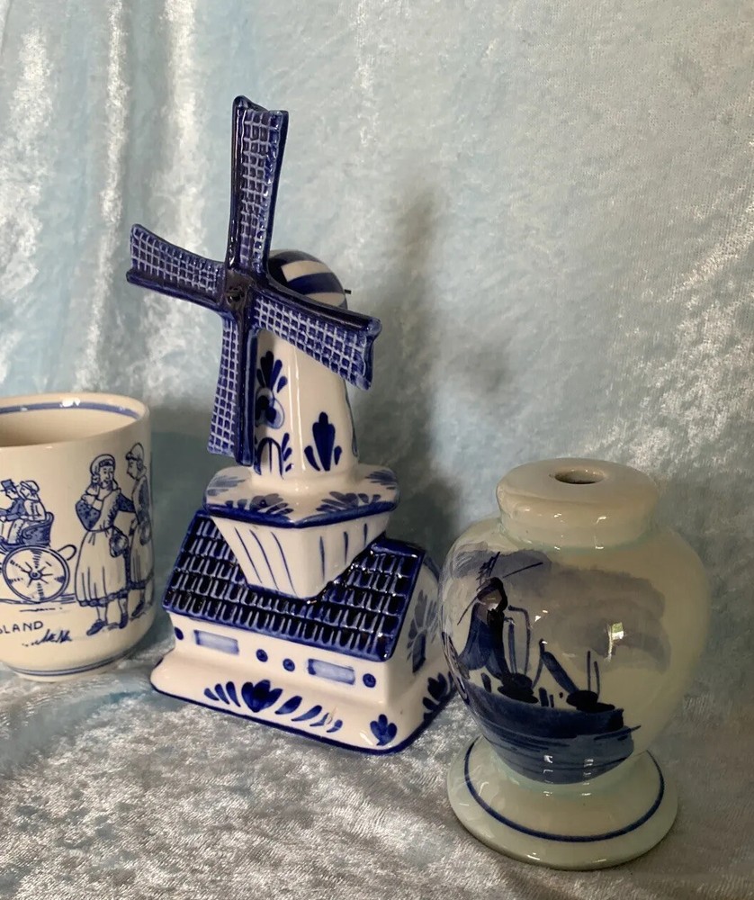 Vintage Delft Hand Painted Ceramic Windmill 17cm.  Lamp Base & Cup Beautiful