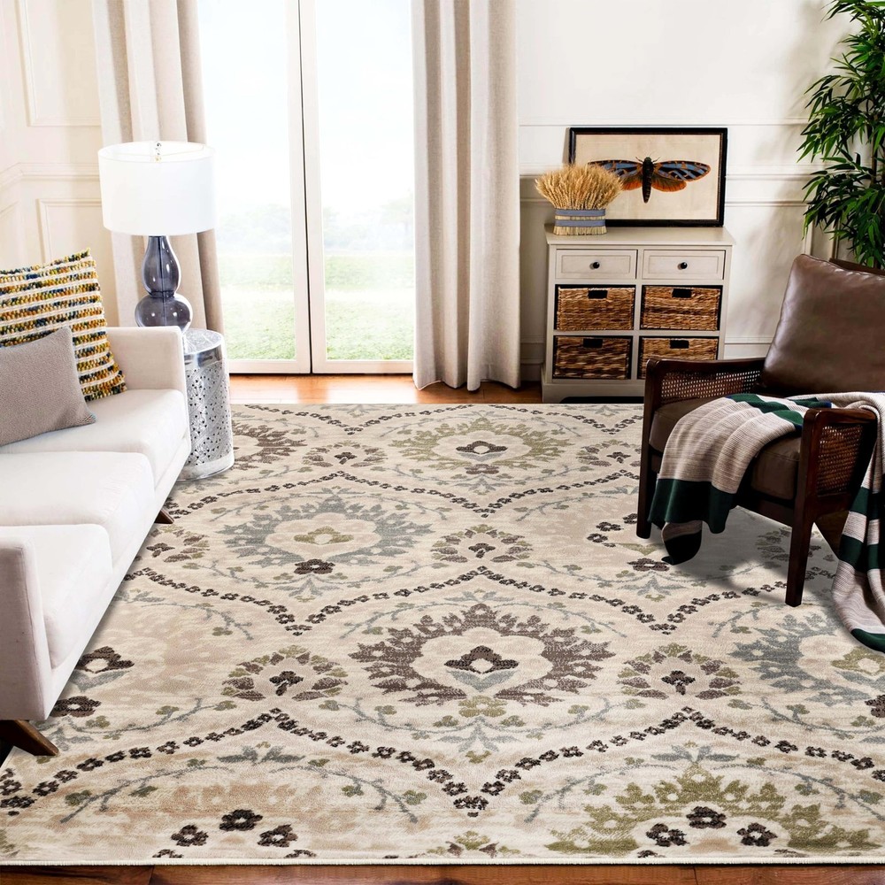 Indoor Area Rug, Jute Backed, Modern Oriental Floral Damask Floor Decor for O...