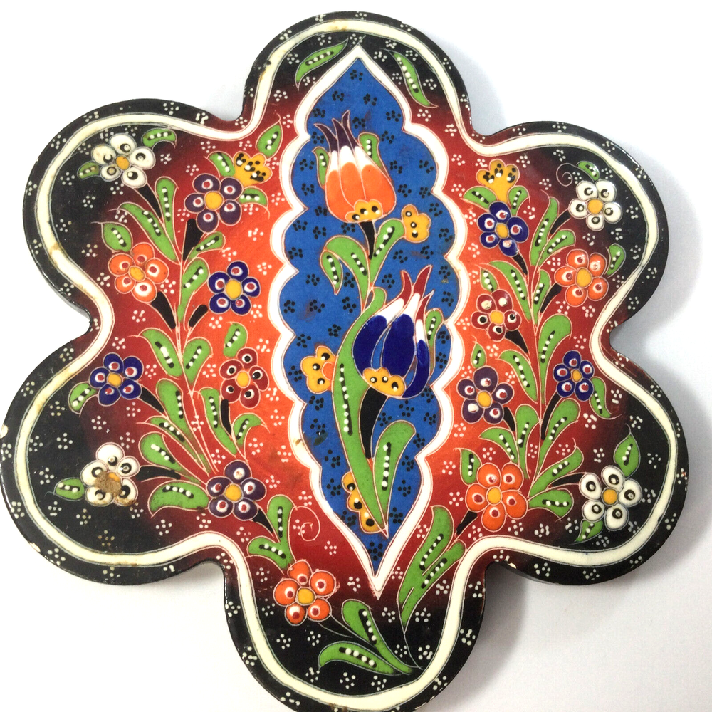 Vintage Trivet Hot Plate Glazed Ceramic Tile Floral Colorful