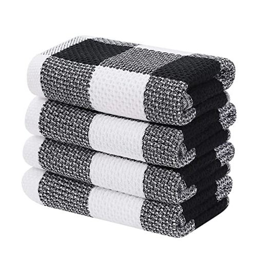 100% Cotton Waffle Weave Black & White Checkered Kitchen Towels 13x28 4 Pack