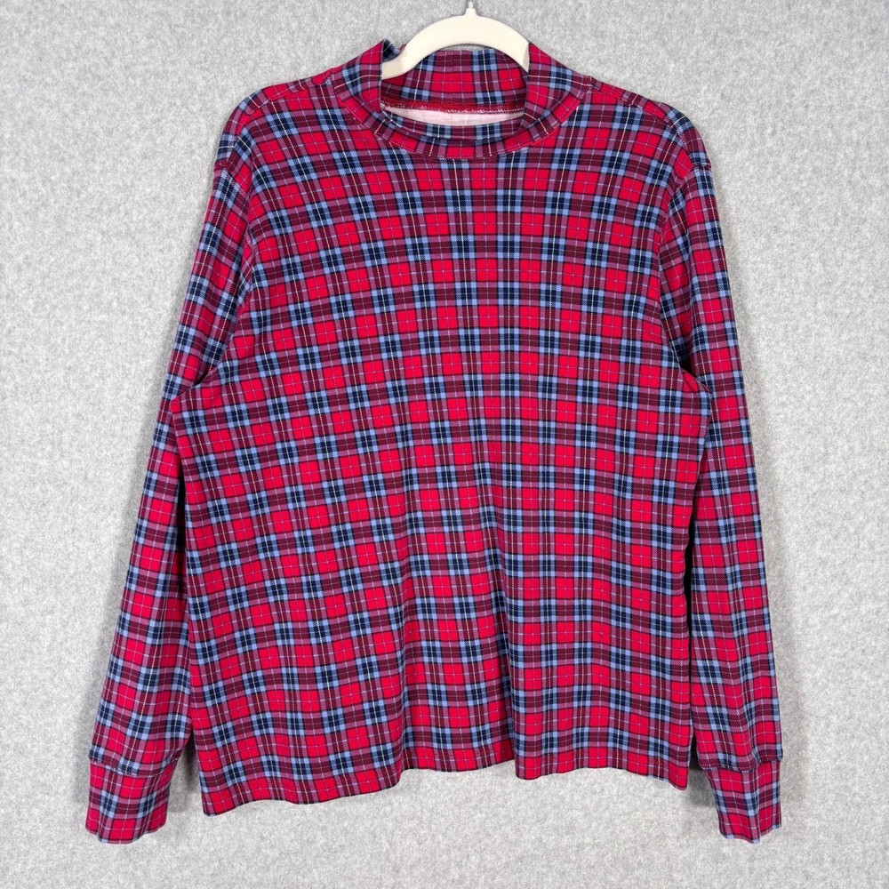 Lands End Tartan Plaid Mock Neck Shirt Large Red Blue Base Layer 100% Cotton