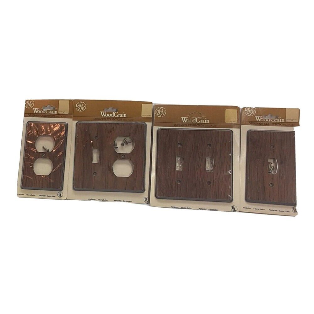 New 1980's General Electric Vtg Wall Switch Plate Outlet Faux Wood Grain Maple