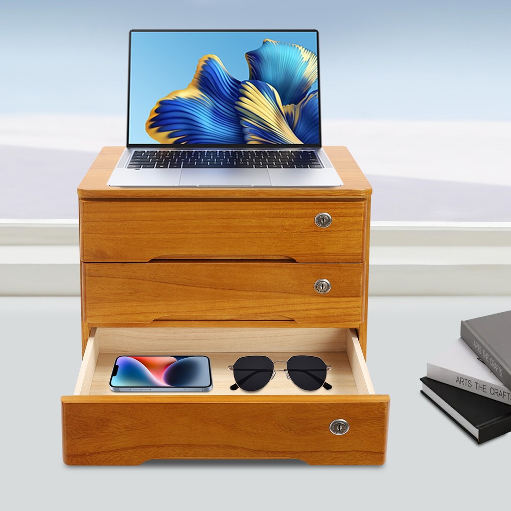 3-Tier Desk Drawer Organizer Case Storage Cabinet Wooden Desktop Storage Case
