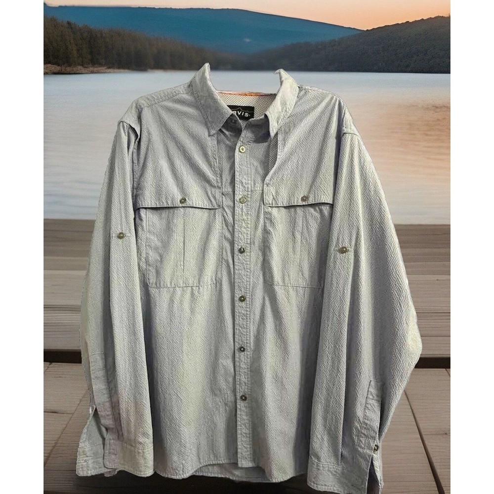 Orvis Shirt Mens Large Fishing Gear Light Blue Check Print Vented Back Outdoor