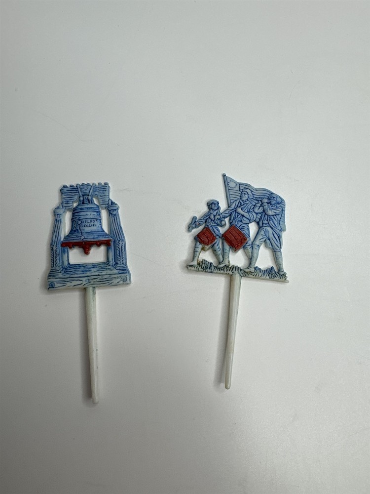 Set of 2 Vintage Liberty Bell and Military Men /w Flag Picks Made in Hong Kong