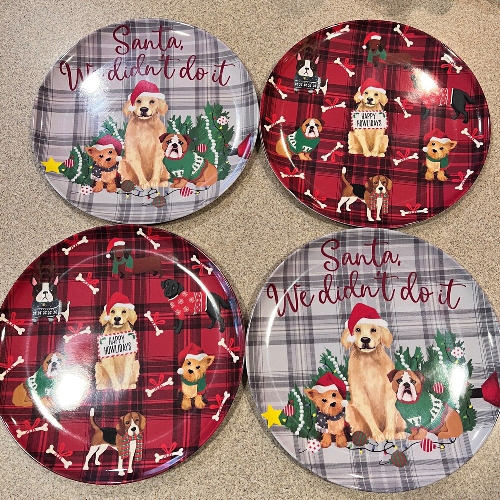 New Holiday Christmas Dogs Dog Plaid Melamine Dinner Plate Set of 4 - 11