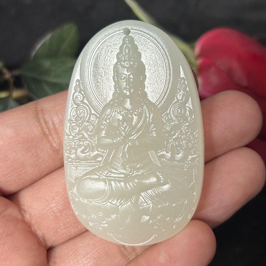 beautiful natural white jade carving buddhism tara Guanyin Bodhisattva pendant