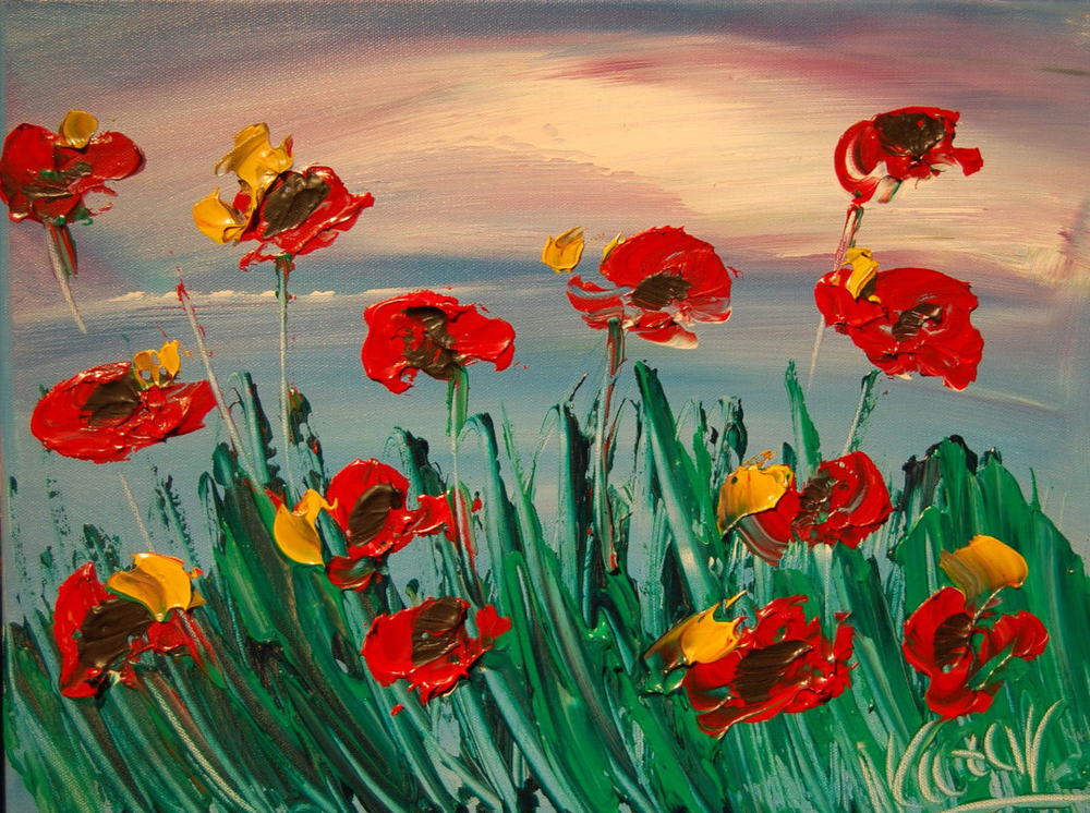 RED POPPIES  MODERN ART   SIGNED CANVAS - STRETCHED painting original DRGSD