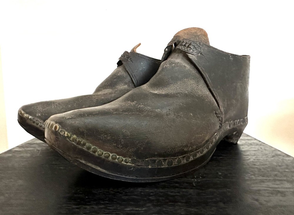 Antique Victorian Lancashire English womens wooden studded clog shoes