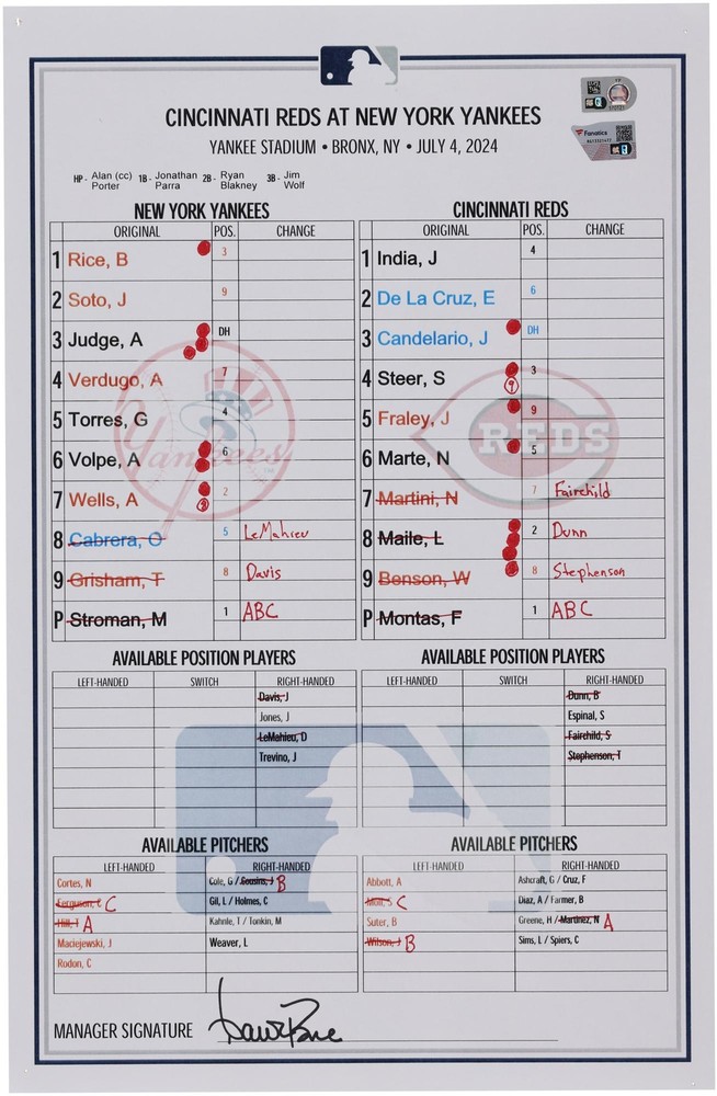 New York Yankees GU Lineup Card vs Cincinnati Reds 7/4/2024 - Ben Rice Career HR