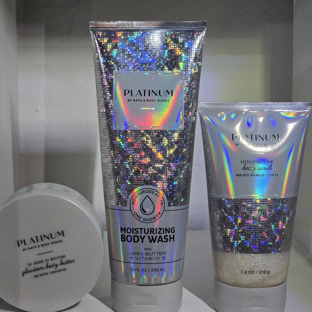 3pc Bath & Body Works Platinum Exfoliating Scrub Wash Glowtion Set
