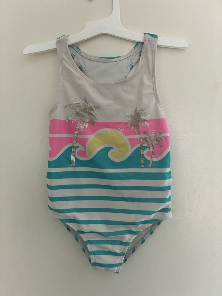Gymboree Toddler Girls Striped Polyester Lined 1-Pc Racerback Swimsuit White 5T