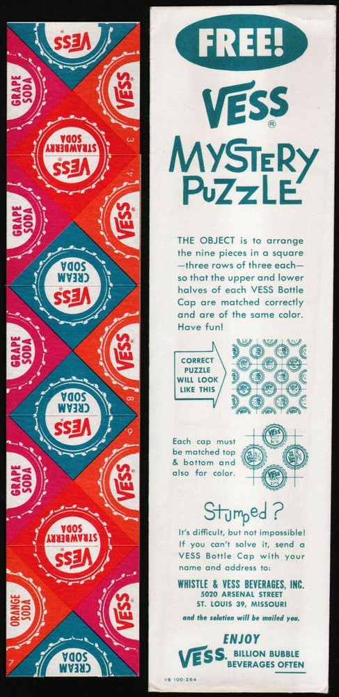 Vintage VESS COLA Mystery Puzzle bottle caps original sleeve new old stock nrmt
