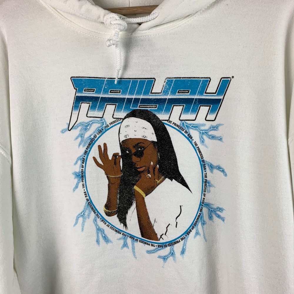 Aaliyah Graphic Hoodie White Multi Women's Logo Drawcord Pocket Size L NEW-image