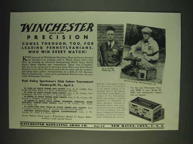 1935 Winchester Precision Ammo Ad Featuring H.D. Griffith & John W. Crolley