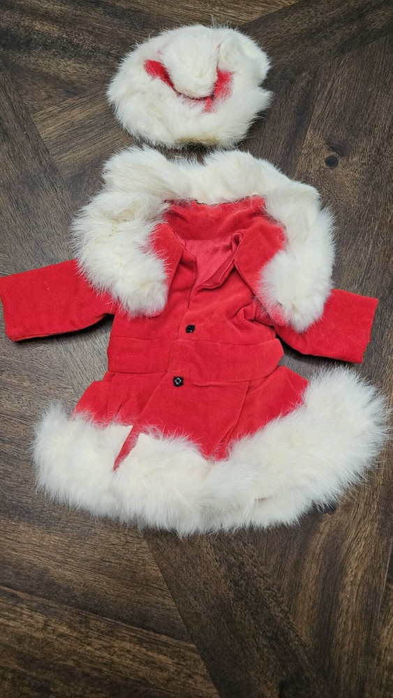 Vintage Doll clothes Christmas Winter Coat Hat Very Soft Fur Red Velvet Fabric