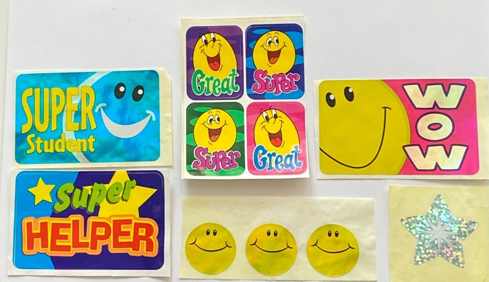Vintage 90s Stickers glitter star Smiley Face reward sticker school class reward