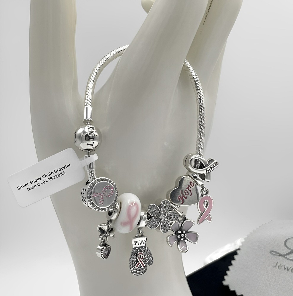 Linx Silver Snake Chain Bracelet with Breast Cancer Awareness Themed Charms