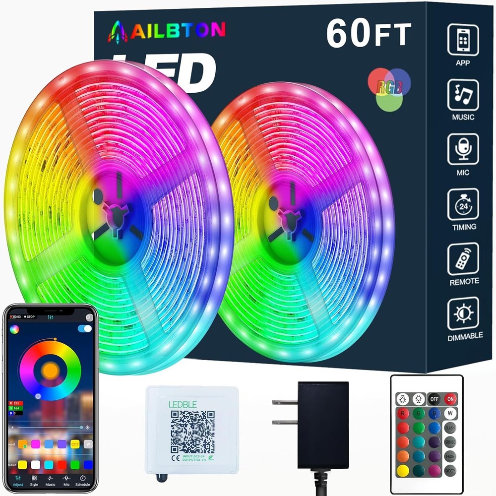 AILBTON Led Strip Lights,60ft Music Sync Color Changing, 60FT, Multicolor