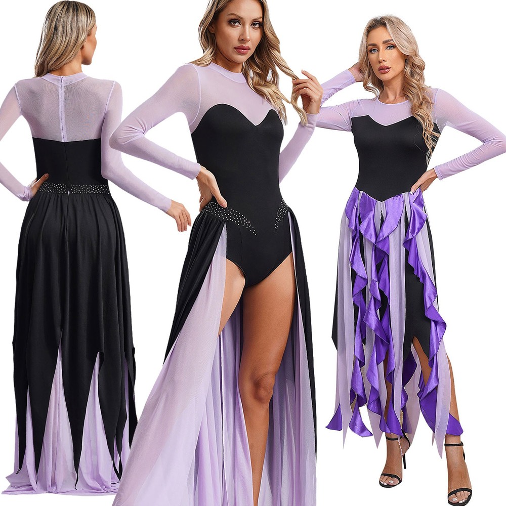 US Women Gothic Black Purple Skirt Bodysuit Mermaid Sea Witch Costume Halloween