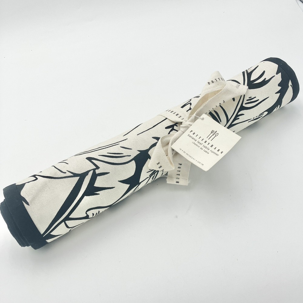 Pottery Barn Banana Leaf Table Runner 16”!X 90” Black White Cotton NEW NWT