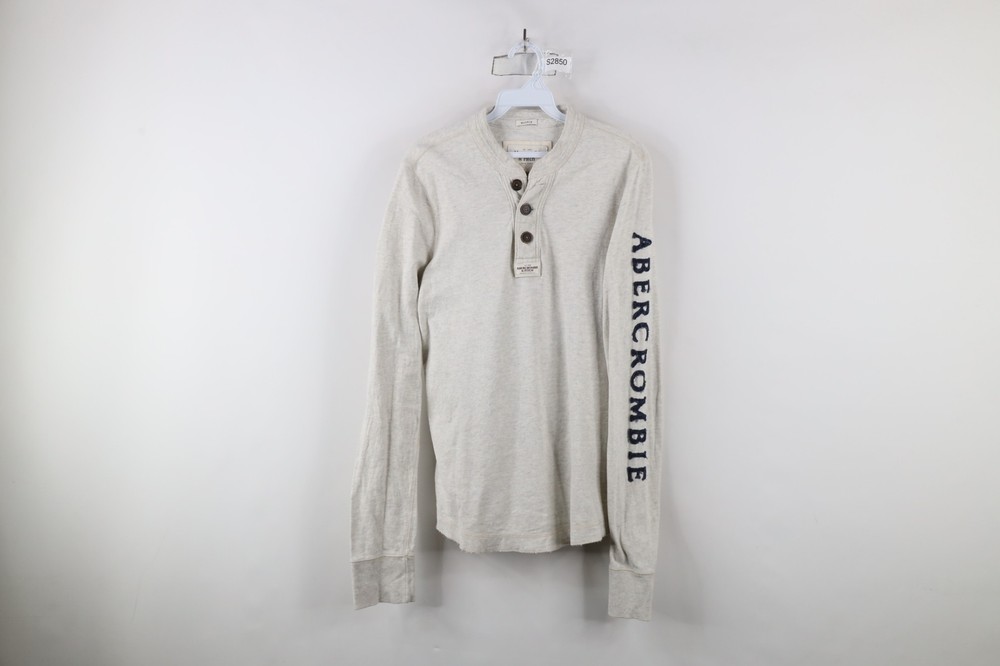 Vtg Abercrombie & Fitch Mens Medium Spell Out Thermal Long Sleeve Henley T-Shirt-image