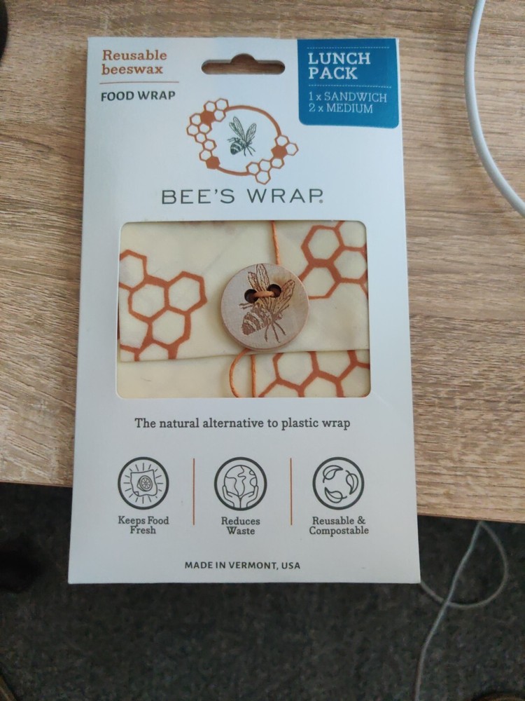 Nuevo paquete de almuerzo de envoltura de abeja ecológico reutilizable y 2 envolturas de alimentos medianos nuevo en paquete-image