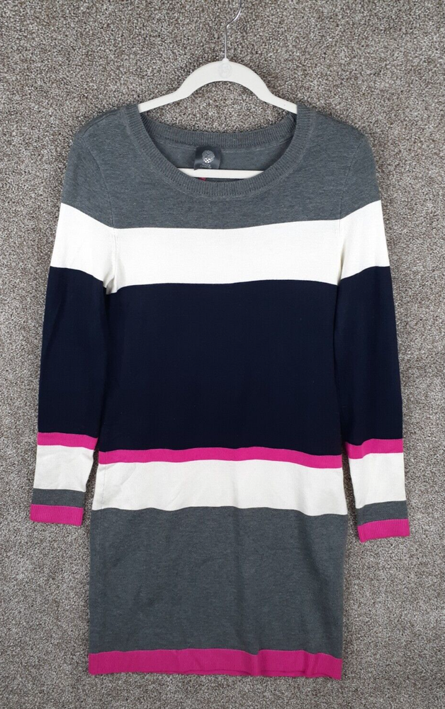 Vince Camuto Sweater Dress Womens S Gray Pink Stripe Elbow Patch Stretch Casual